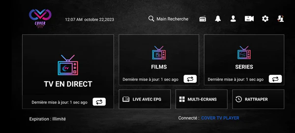 page d'accueil Cover IPTV Player. meilleur iptv en France